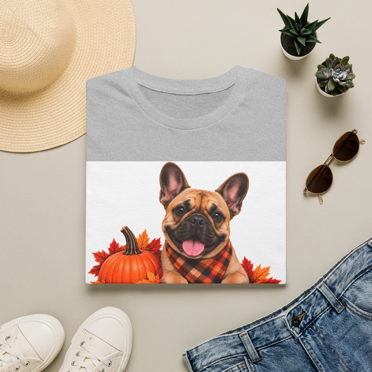 French Bulldog Fall T‑Shirt — 'Canine Choc Co.' Pumpkin & Plaid Dog Tee
