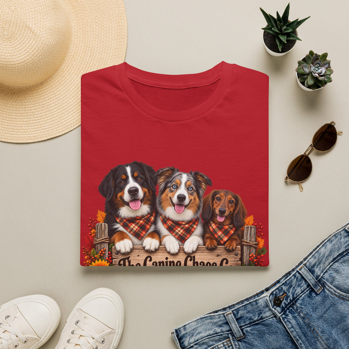 Three Dogs in Plaid Scarf Fall Leaves T-Shirt | Autumn Dog Trio