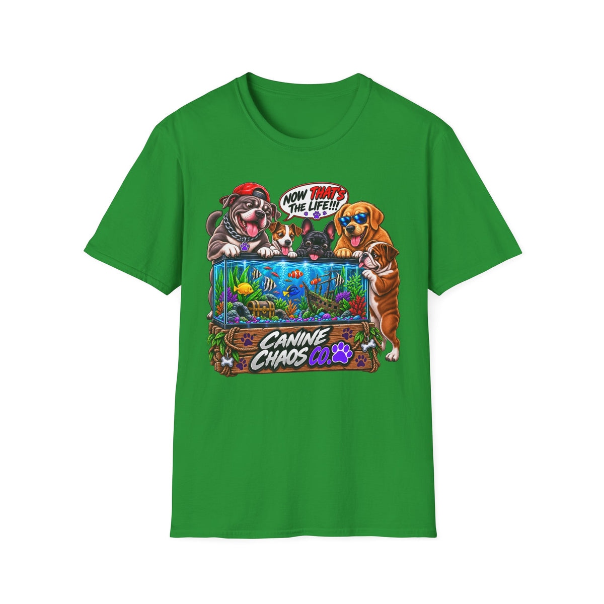 Canine Chaos Aquarium T-Shirt — Funny Dogs 'Now Save the Fish!' Graphic Tee