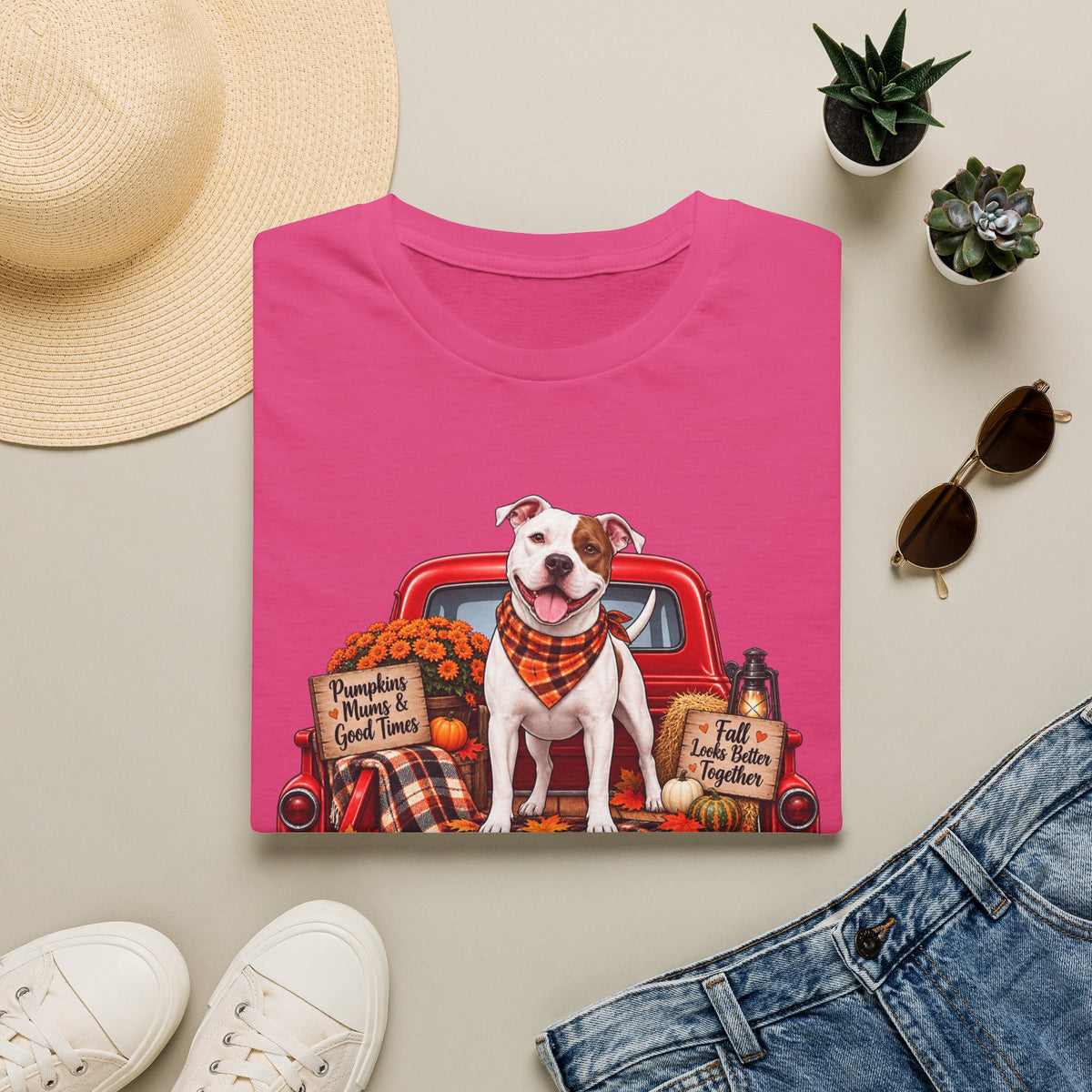 T-Shirt — Fall Dog on Vintage Truck Graphic (Pumpkins, Plaid, "Pumpkins, Family & Good Times")