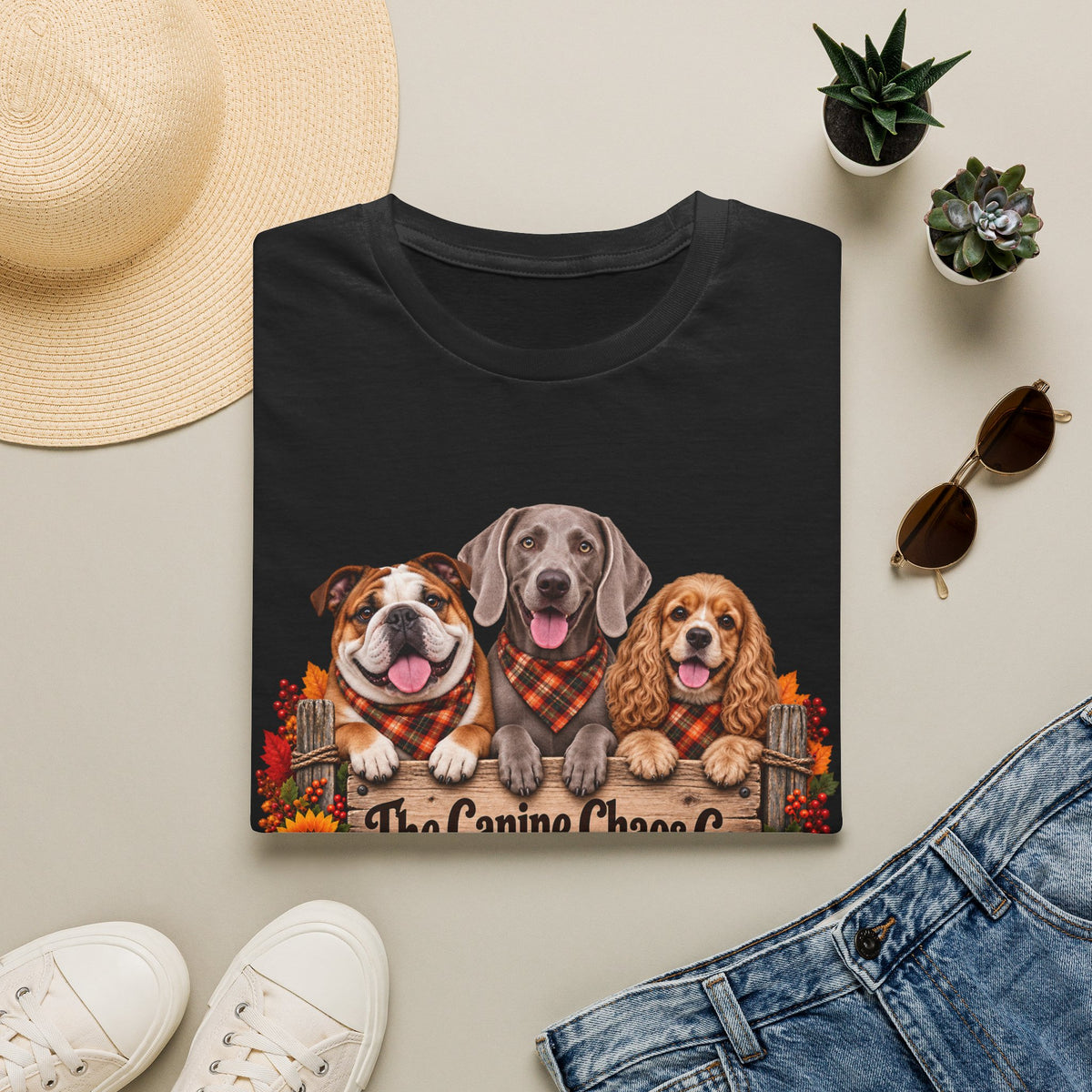Dog Trio Fall Tee — "The Canine Chase Co." Autumn Puppies T-Shirt