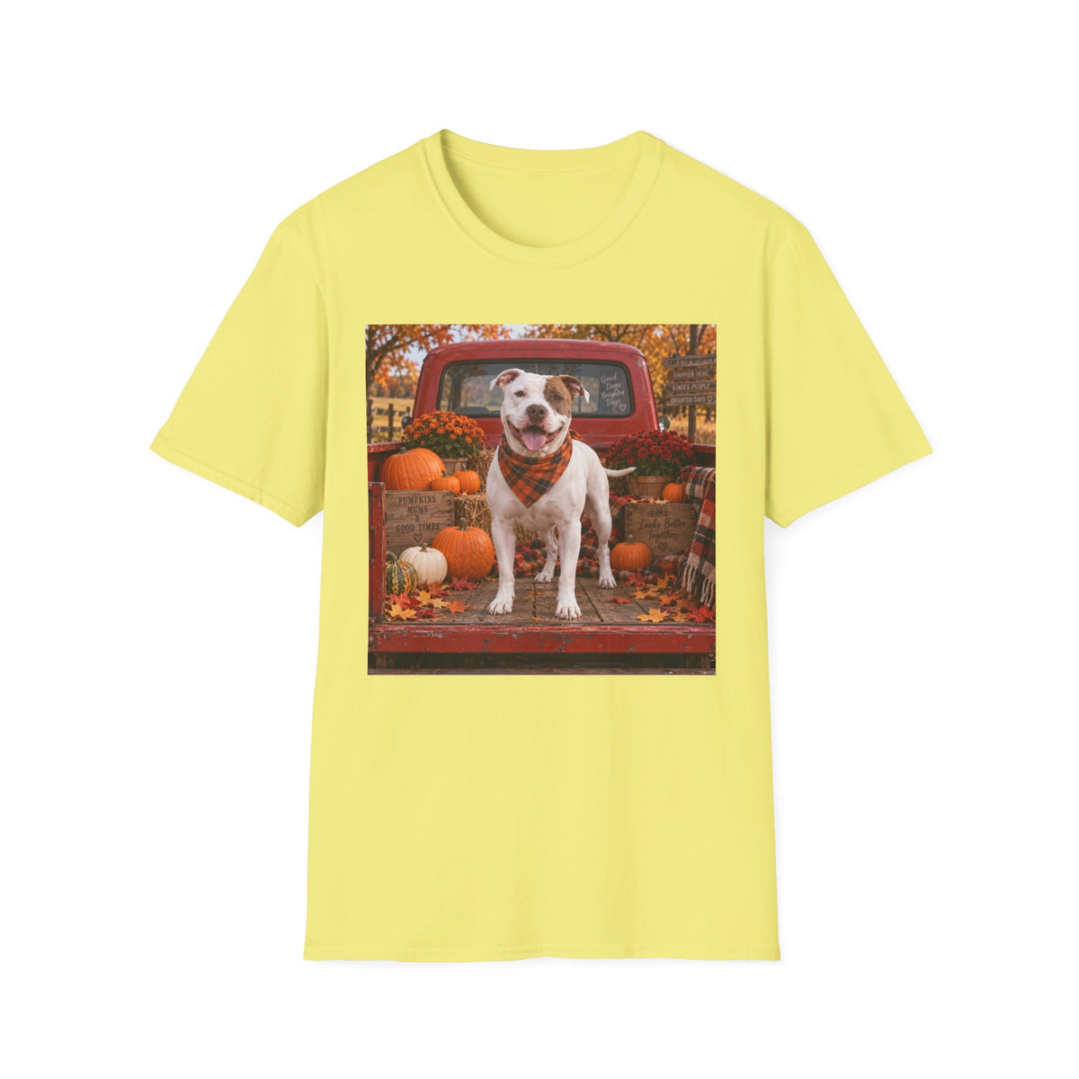 Dog & Pumpkins Fall T-Shirt — Cute Pitbull in Pickup Truck Autumn Tee