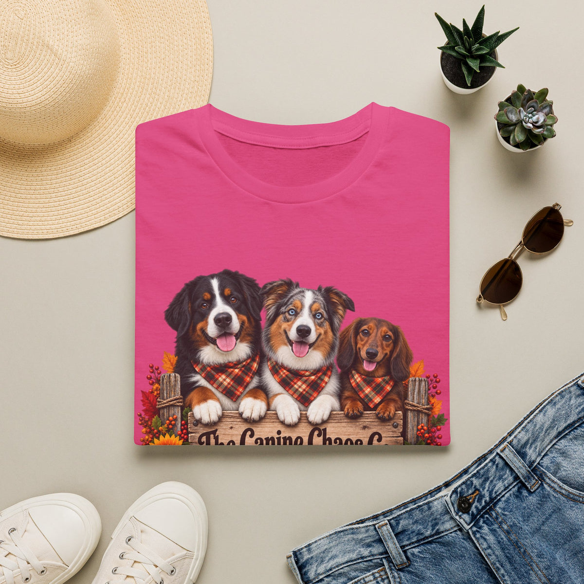 Three Dogs in Plaid Scarf Fall Leaves T-Shirt | Autumn Dog Trio