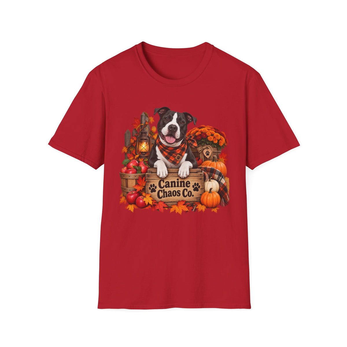 Fall Dog T-Shirt — "Canine Chaos Co." Autumn Pumpkin & Leaves Tee