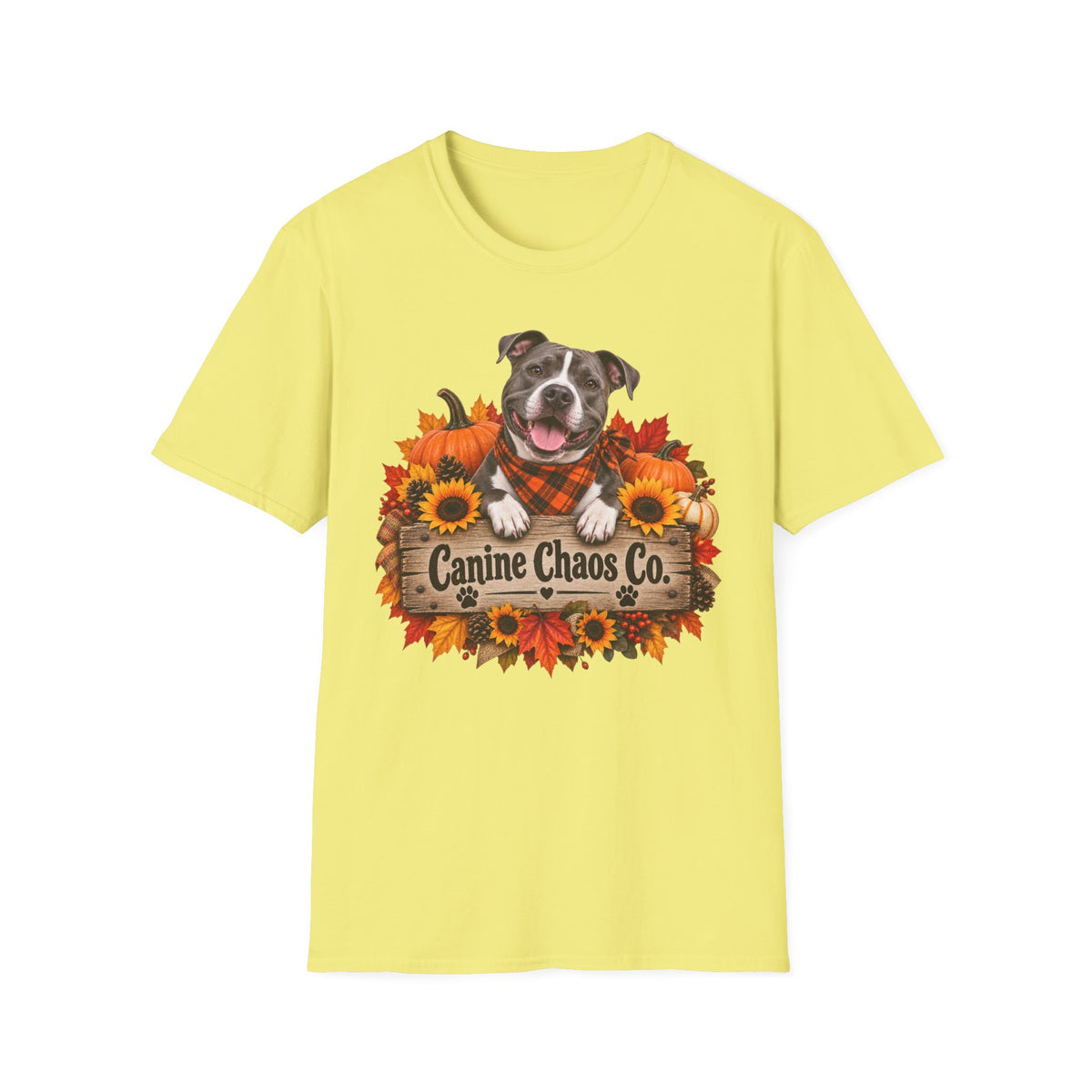 Canine Chaos Co. Fall Dog T-Shirt — Autumn Sunflowers & Plaid Bandana Tee