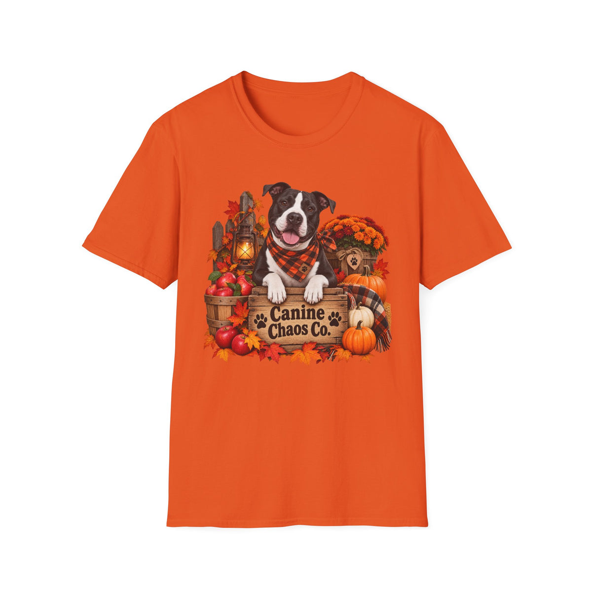 Fall Dog T-Shirt — "Canine Chaos Co." Autumn Pumpkin & Leaves Tee