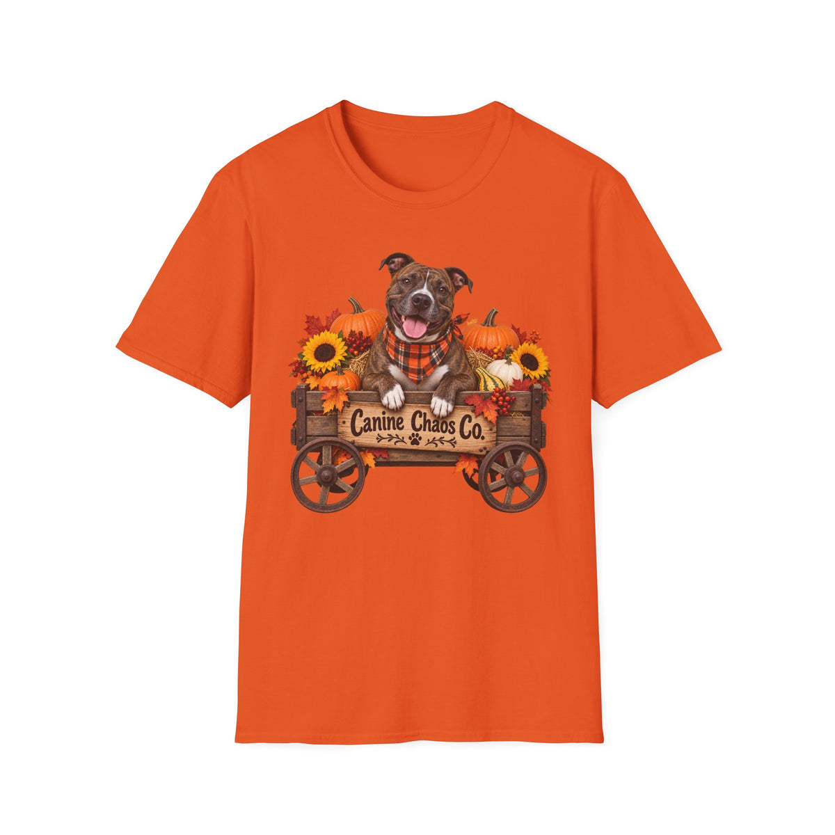 Fall Dog Wagon T-Shirt — "Canine Chaos Co." Pumpkin & Sunflower Autumn Tee