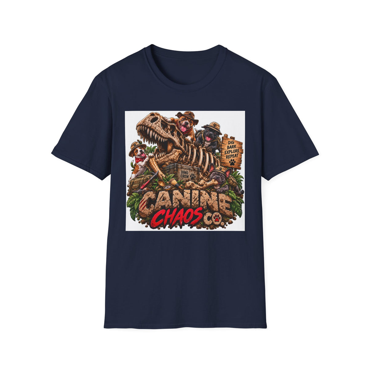 Canine Chaos Co. T-Shirt – Dino Skeleton Dog Adventure Graphic Tee