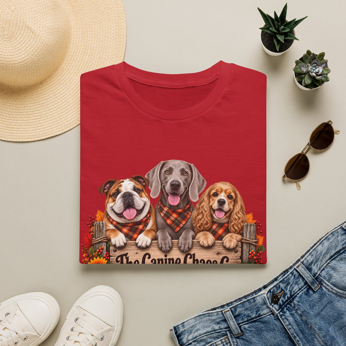 Dog Trio Fall Tee — "The Canine Chase Co." Autumn Puppies T-Shirt
