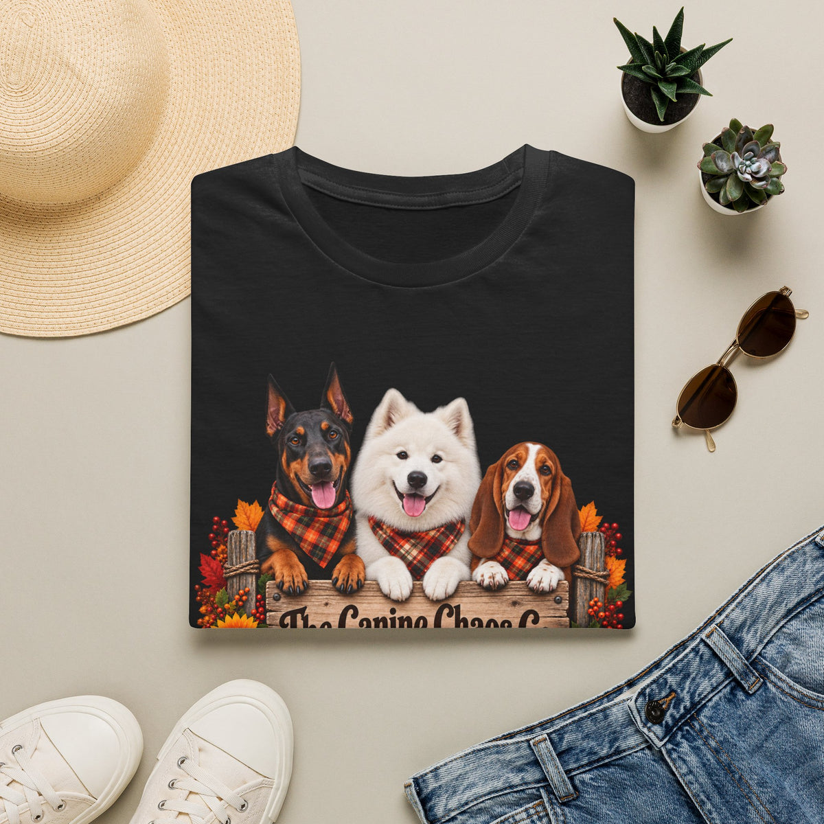 T-Shirt — Fall Dogs Trio "The Canine Chase Co." Plaid Pumpkin Tee