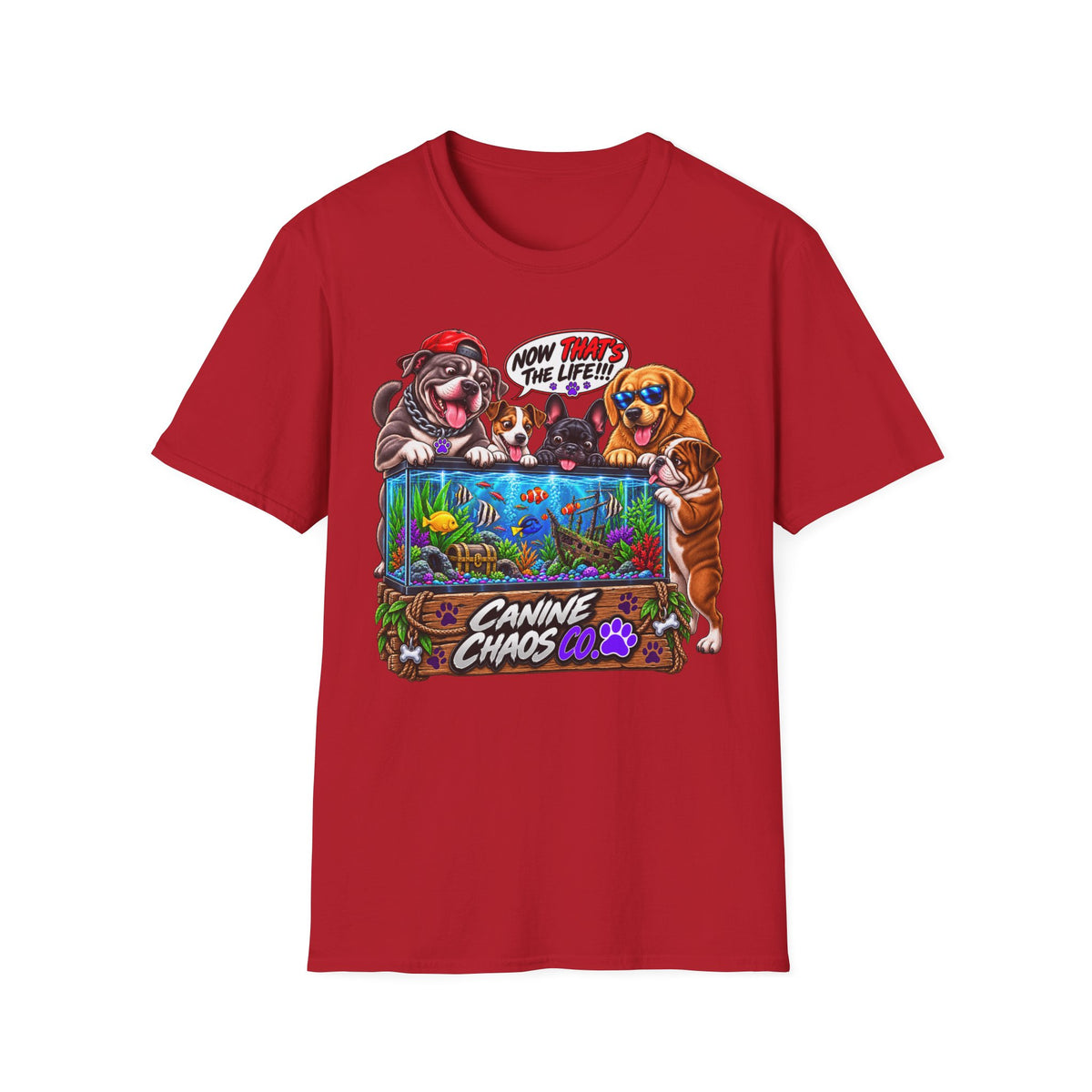 Canine Chaos Aquarium T-Shirt — Funny Dogs 'Now Save the Fish!' Graphic Tee