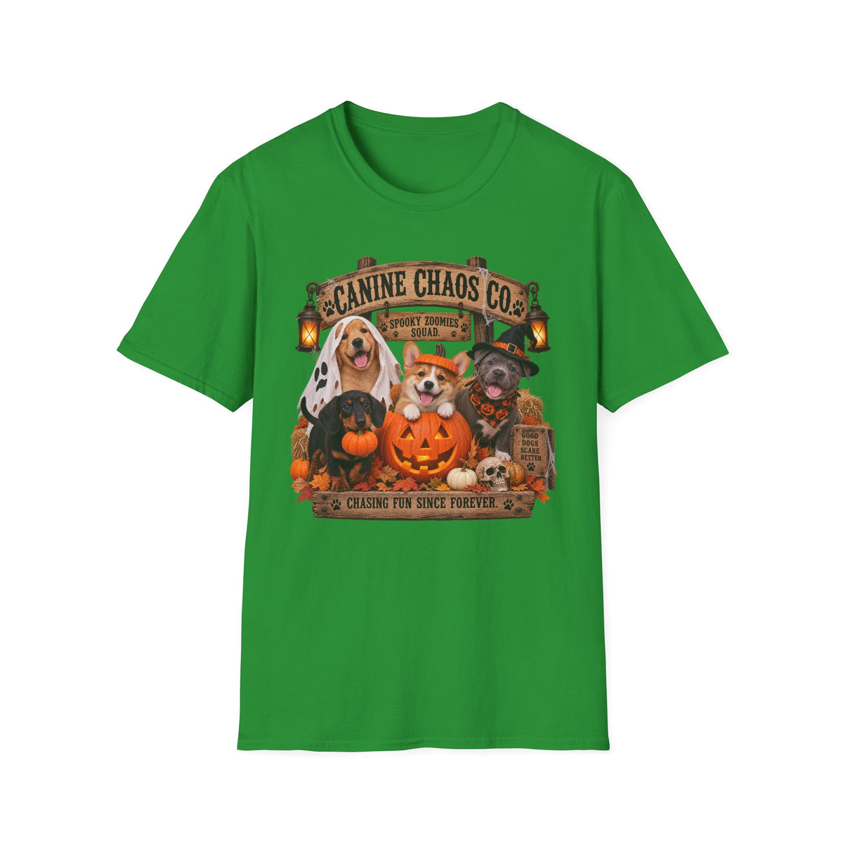 Canine Chaos Co. Halloween Dog T-Shirt — 'Chasing Fun Since Forever'