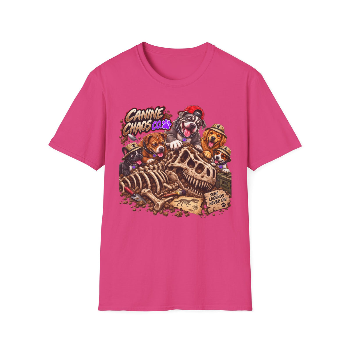 Canine Chaos Crew T-Shirt — Cute Dogs Digging Dinosaur Bones Graphic Tee