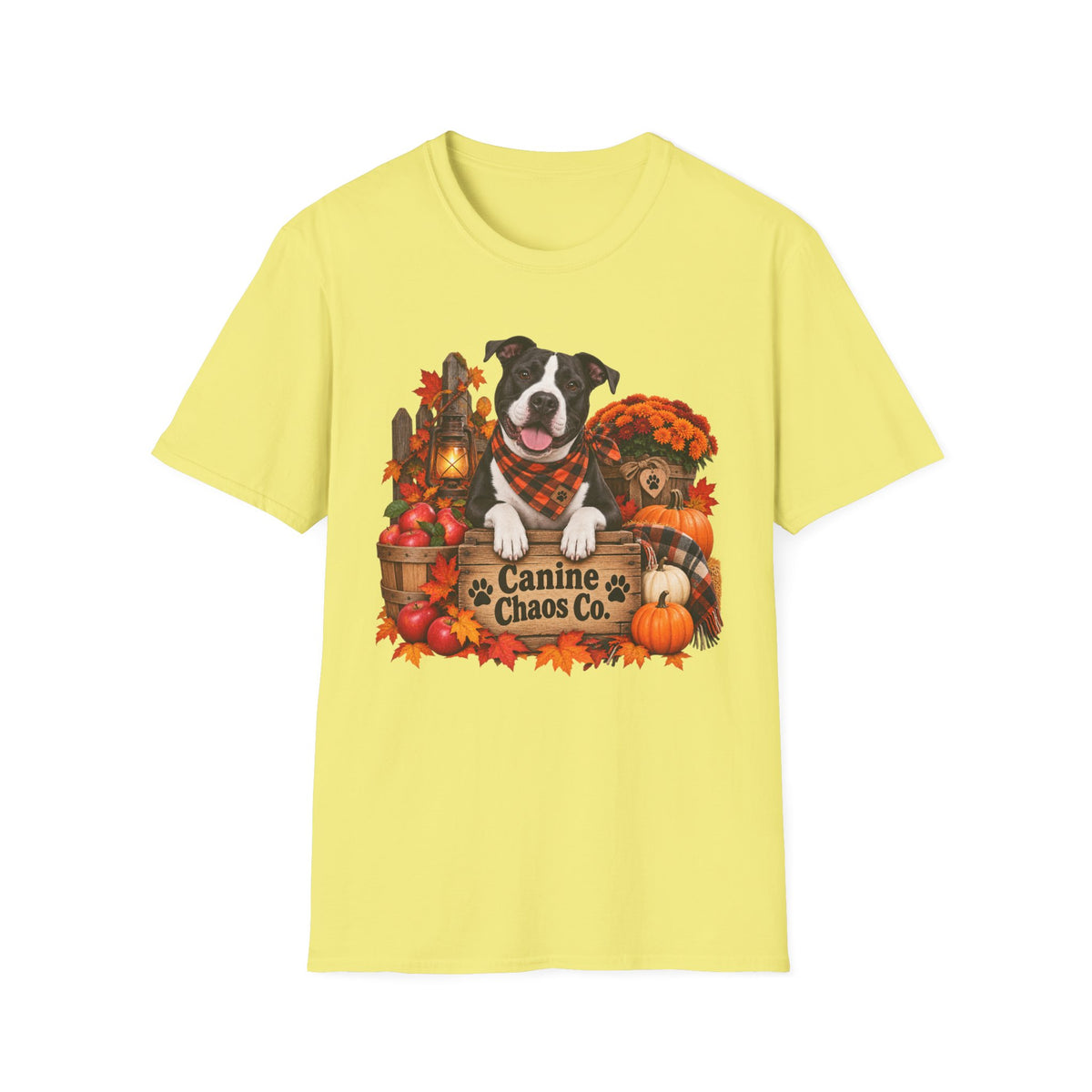 Fall Dog T-Shirt — "Canine Chaos Co." Autumn Pumpkin & Leaves Tee