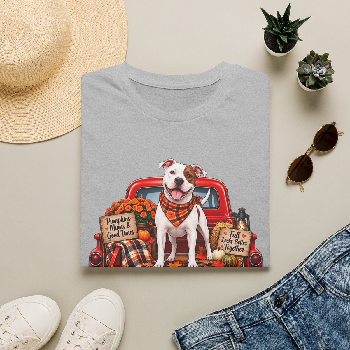 T-Shirt — Fall Dog on Vintage Truck Graphic (Pumpkins, Plaid, "Pumpkins, Family & Good Times")