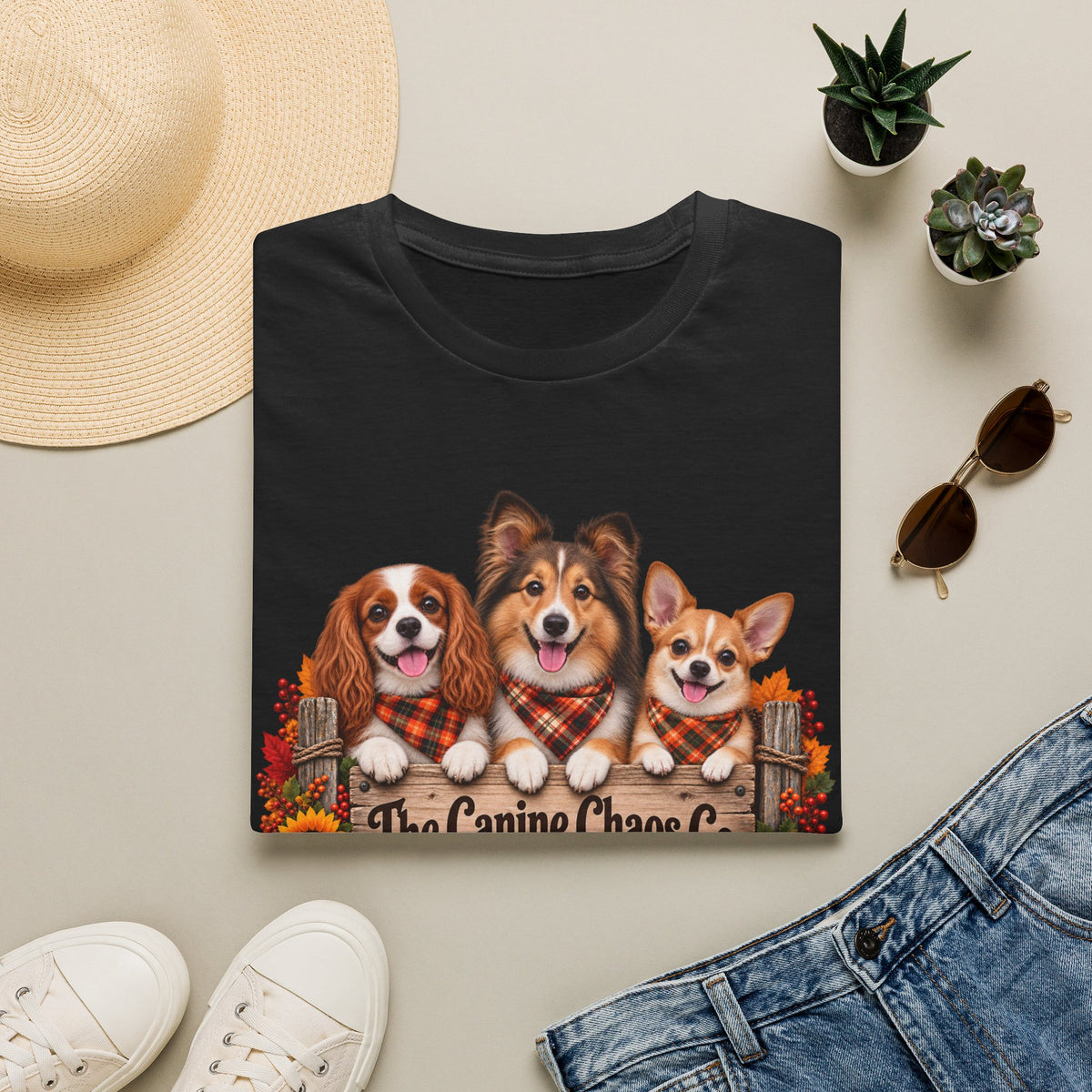 Fall Dog Trio T-Shirt — Cute Autumn Puppies with Plaid Scarves