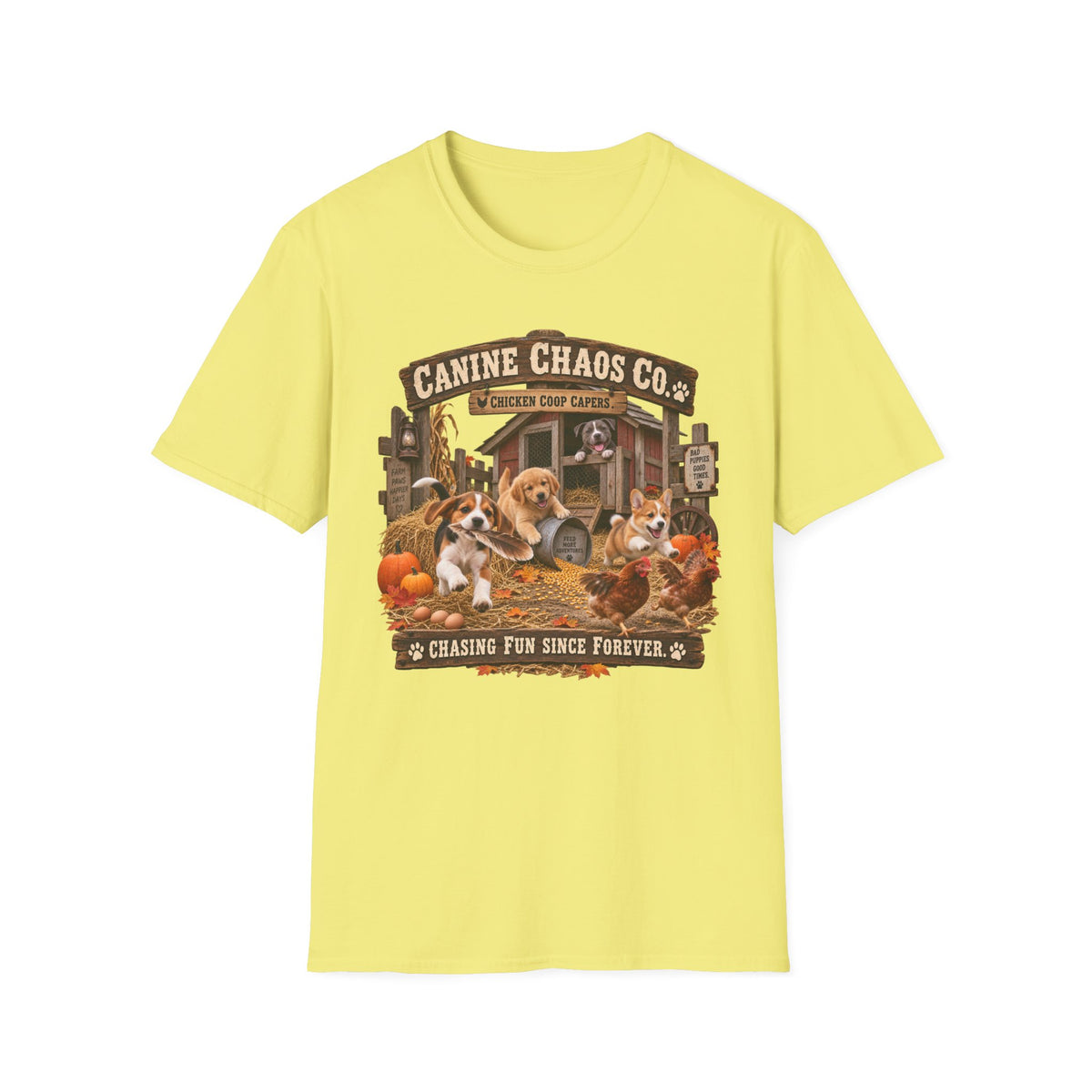 Canine Chaos Co. Fall Dogs T-Shirt — "Chasing Fun Since Forever"