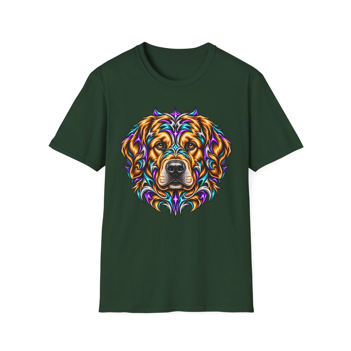 Golden Retriever Head T-Shirt — Colorful Psychedelic Dog Portrait Tee
