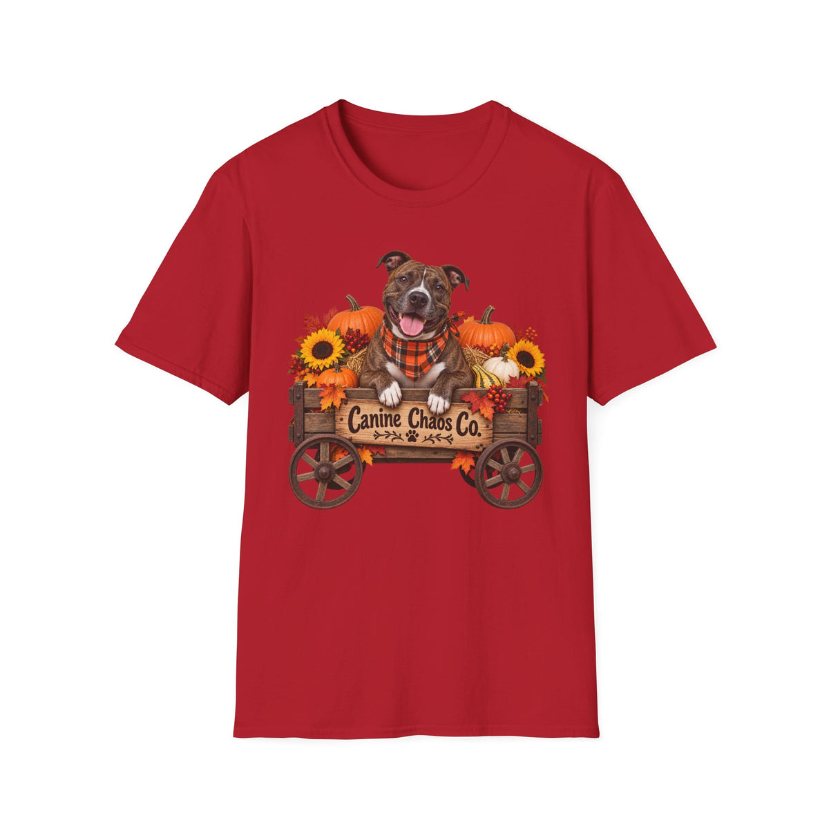 Fall Dog Wagon T-Shirt — "Canine Chaos Co." Pumpkin & Sunflower Autumn Tee