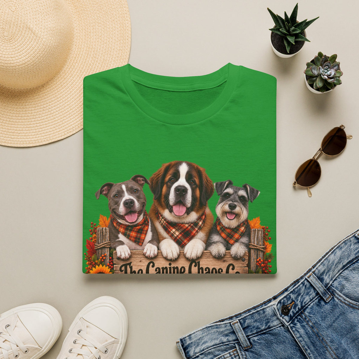 Fall Dog Trio T-Shirt — "The Canine Chaos Co." Plaid Pumpkin Tee