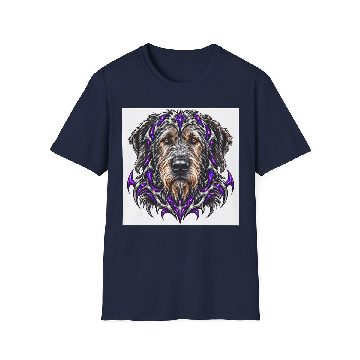 Bearded Dog Portrait T-Shirt — Detailed Tribal Dog Face Design (Purple Accents)