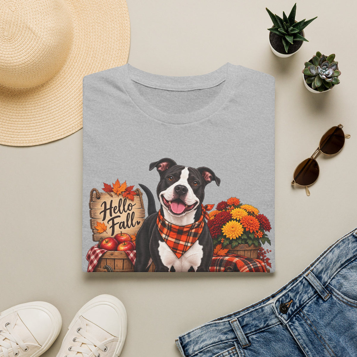 Hello Fall Pit Bull T-Shirt — Autumn Pumpkin Plaid Dog Tee
