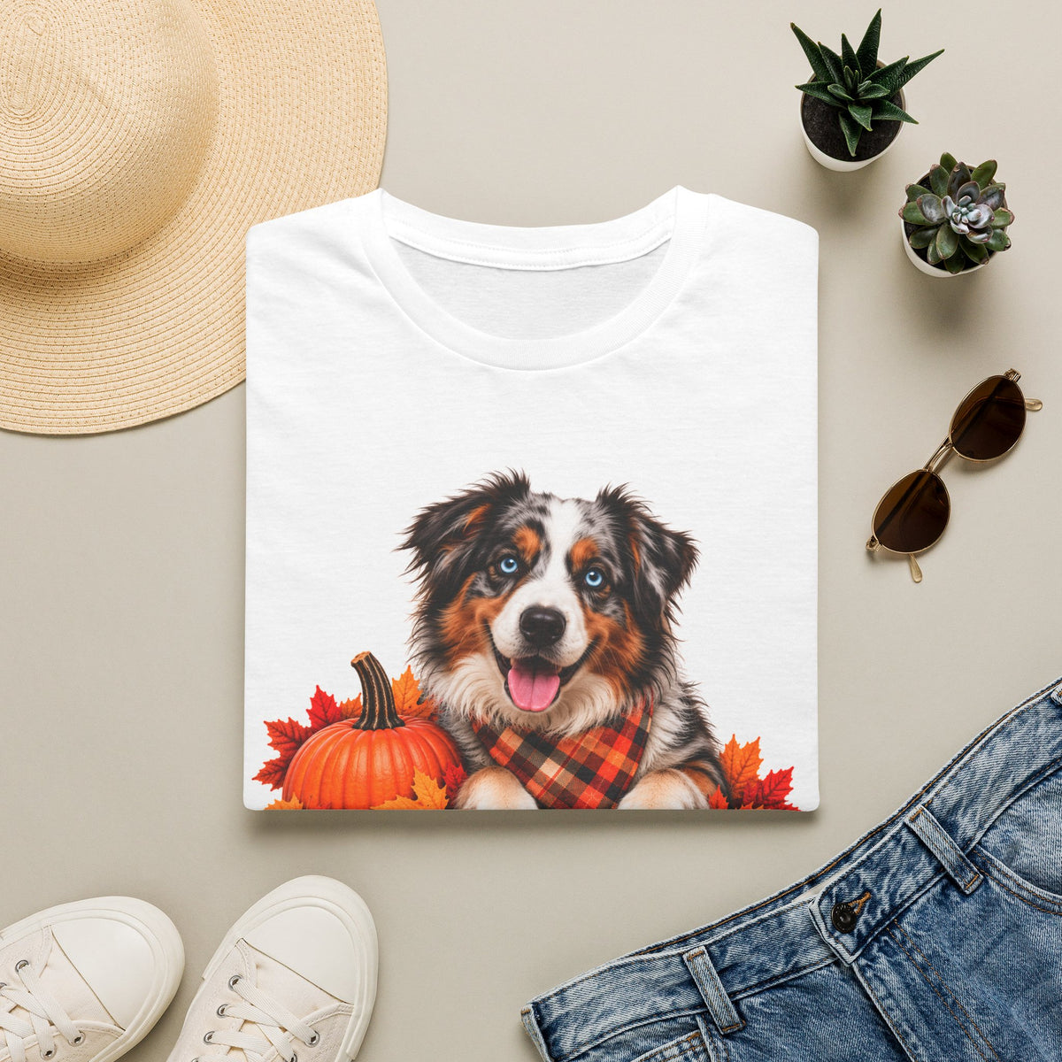 Autumn Aussie Dog T-Shirt — "Canine Chest Co." Fall Pumpkin Plaid Tee