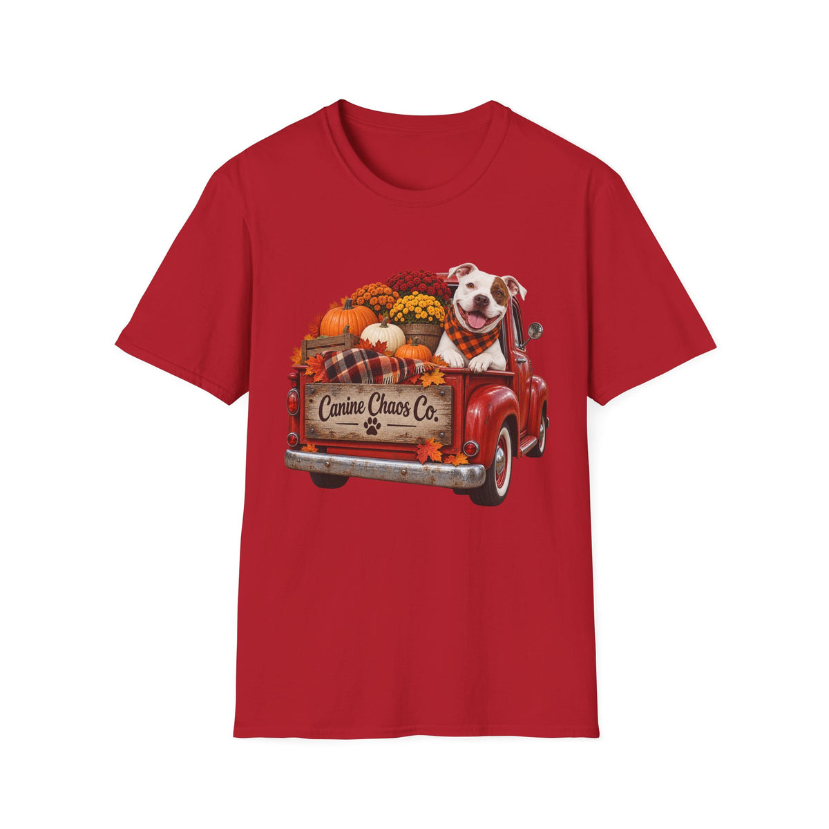 Fall Pickup Truck Dog T-Shirt — "Canine Chaos Co." Autumn Pet Tee