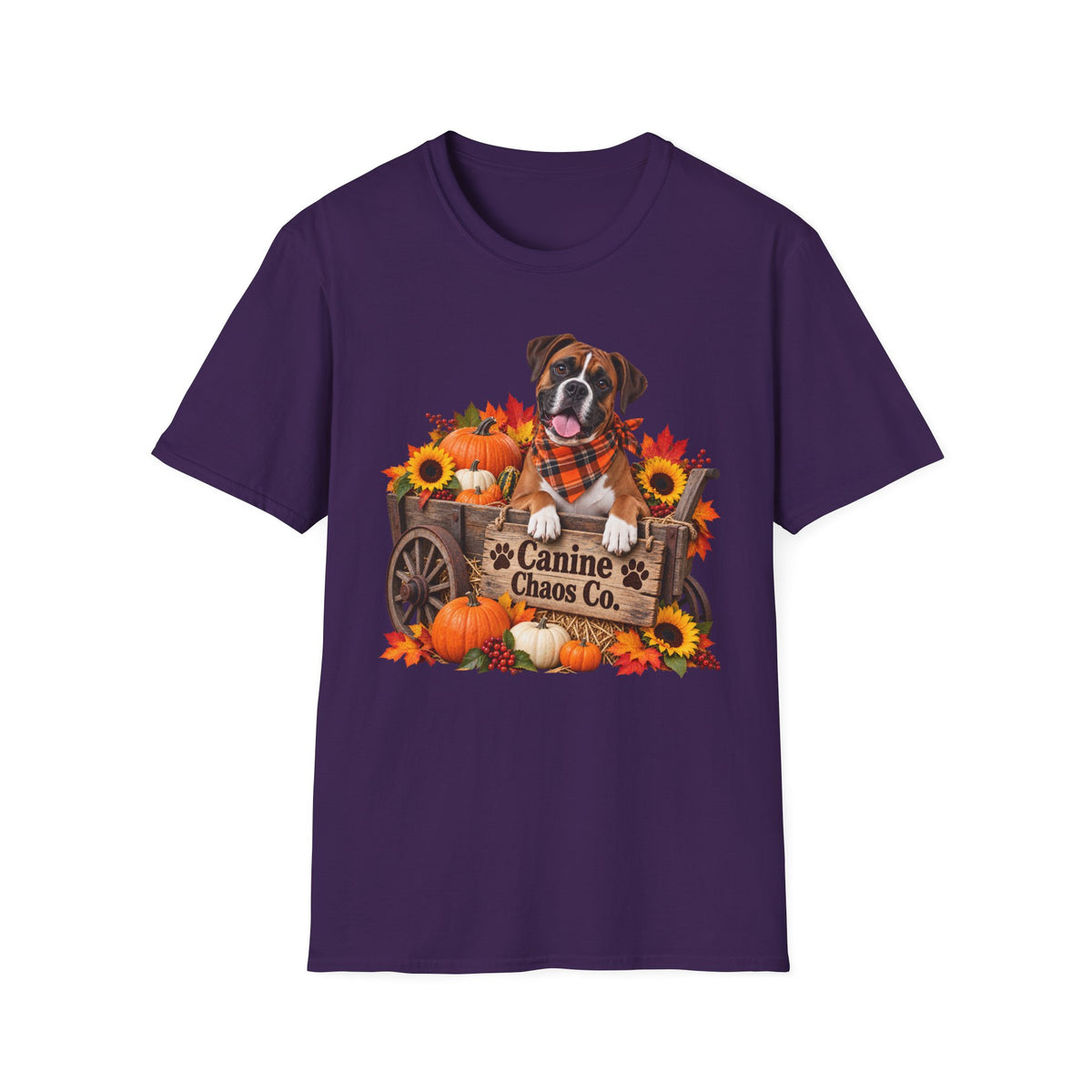 Fall Dog Pumpkin T‑Shirt — 'Canine Chaos Co.' Autumn Wagon Graphic