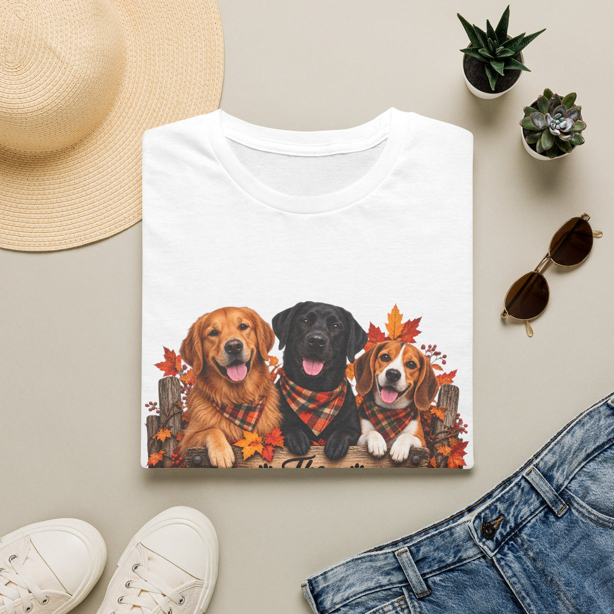 Three Fall Dogs T-Shirt | Autumn Leaves Labrador Beagle Graphic