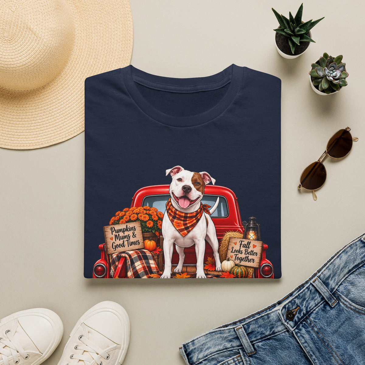 T-Shirt — Fall Dog on Vintage Truck Graphic (Pumpkins, Plaid, "Pumpkins, Family & Good Times")