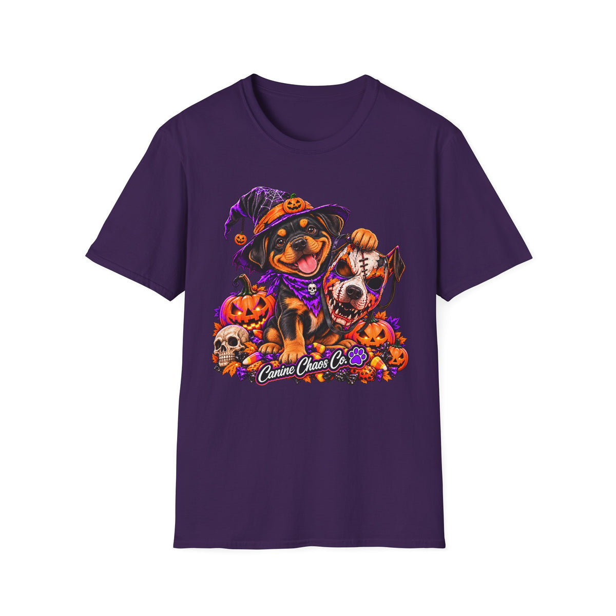 Halloween puppy T-Shirt — Cute Witch Dog with Pumpkins & Skulls