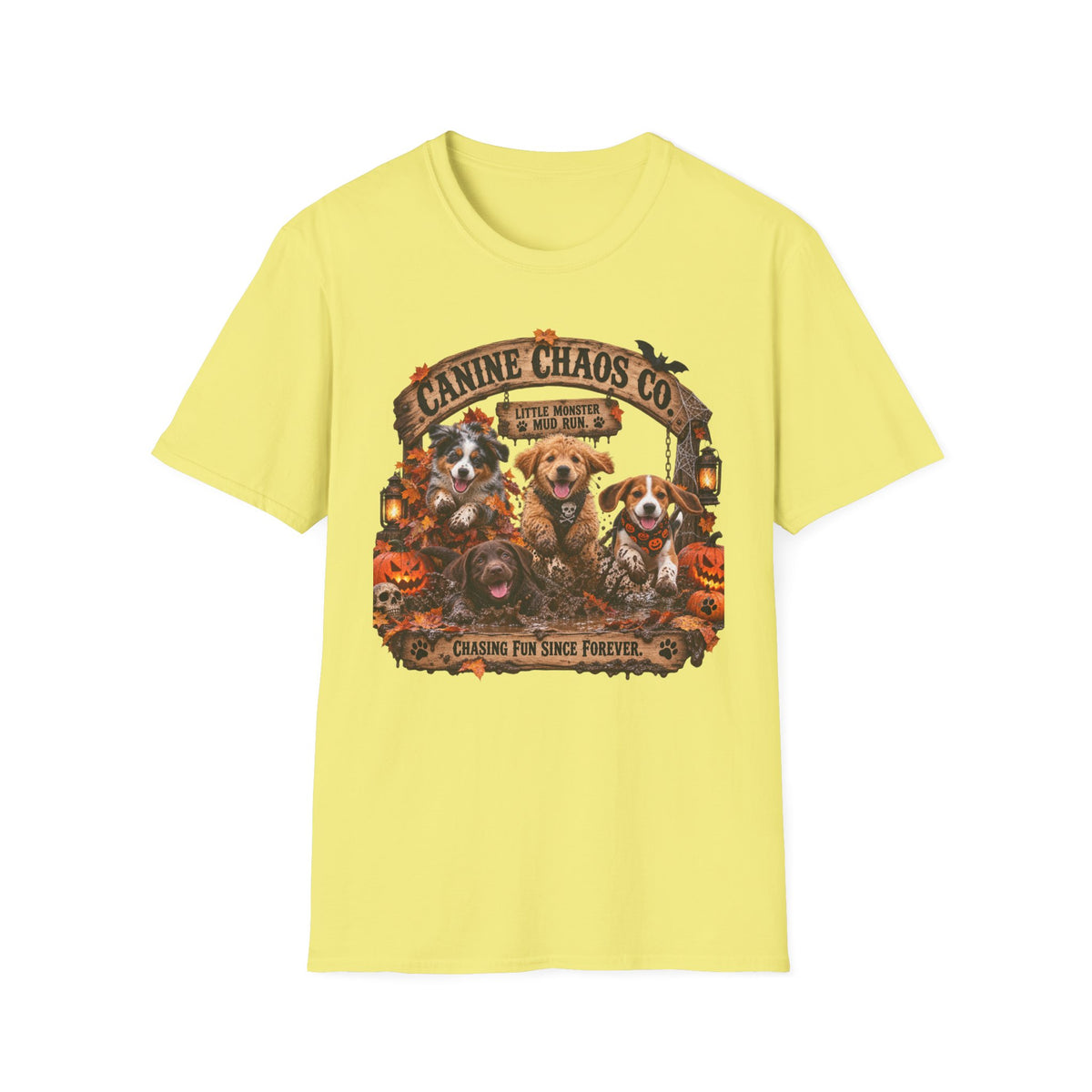 Canine Chaos Co. T-Shirt – Cute Puppies Autumn Floral Graphic Tee
