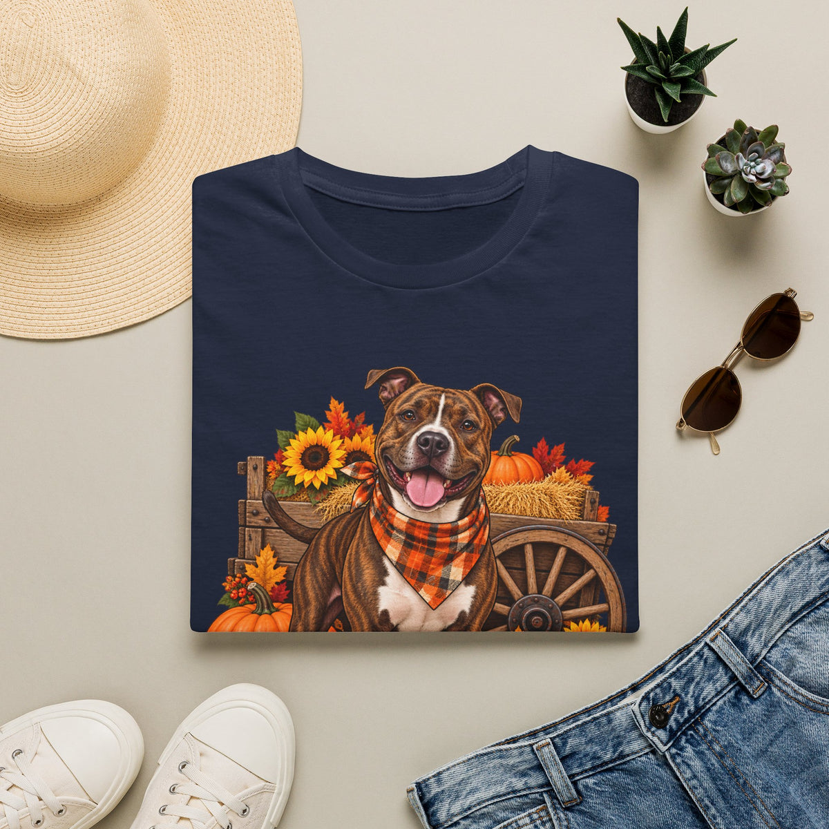 Fall Dog T‑Shirt — Brown Pitbull with Pumpkins & Sunflowers Autumn Tee