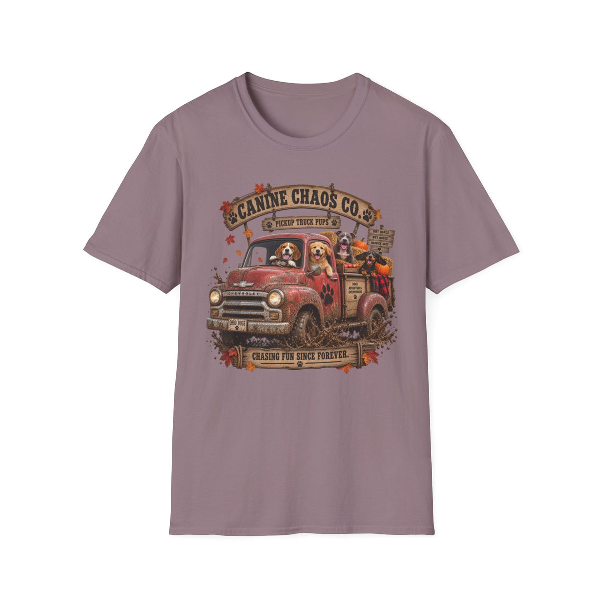 Canine Chaos Co. Vintage Dog Truck T-Shirt — Dogs Riding Pickup Graphic Tee
