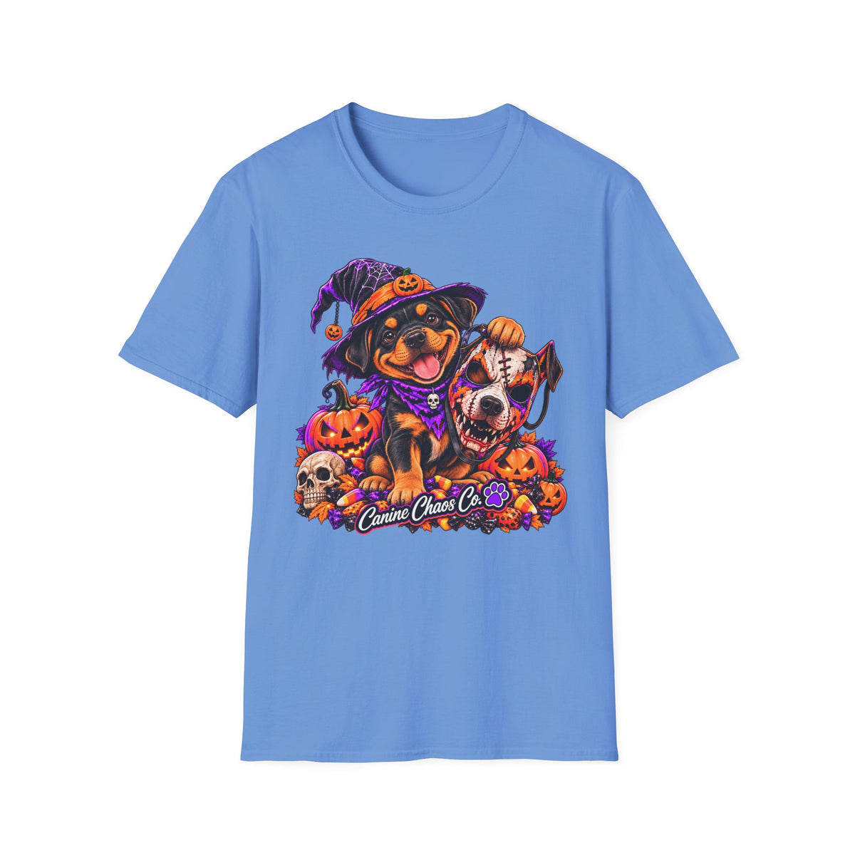 Halloween puppy T-Shirt — Cute Witch Dog with Pumpkins & Skulls