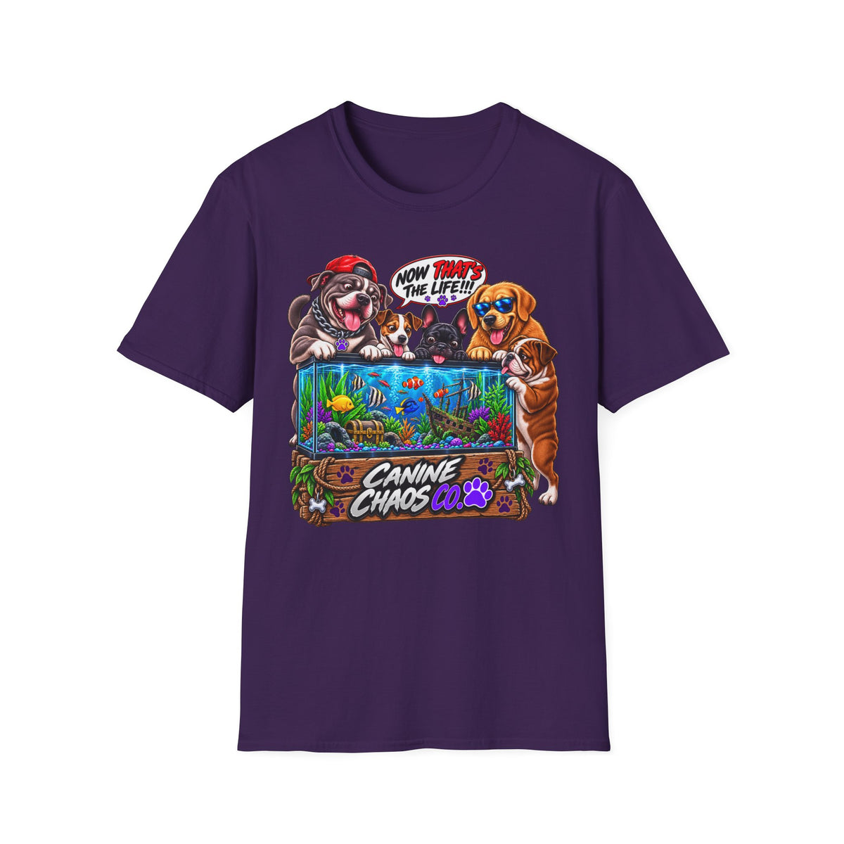 Canine Chaos Aquarium T-Shirt — Funny Dogs 'Now Save the Fish!' Graphic Tee