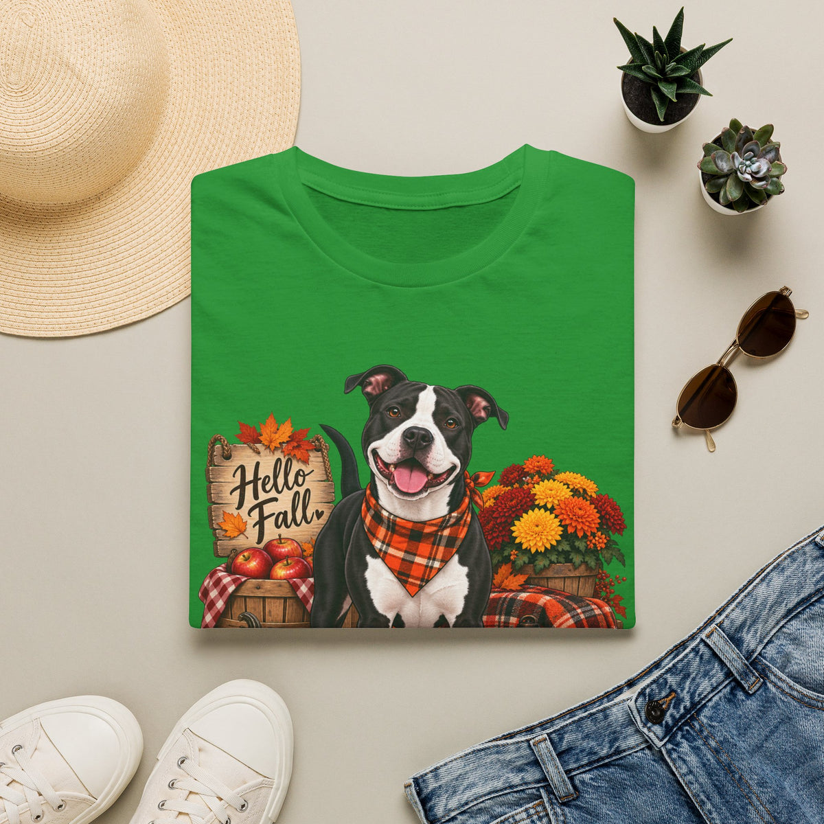 Hello Fall Dog T-Shirt — Thanksgiving Pumpkin & Plaid Pet Tee