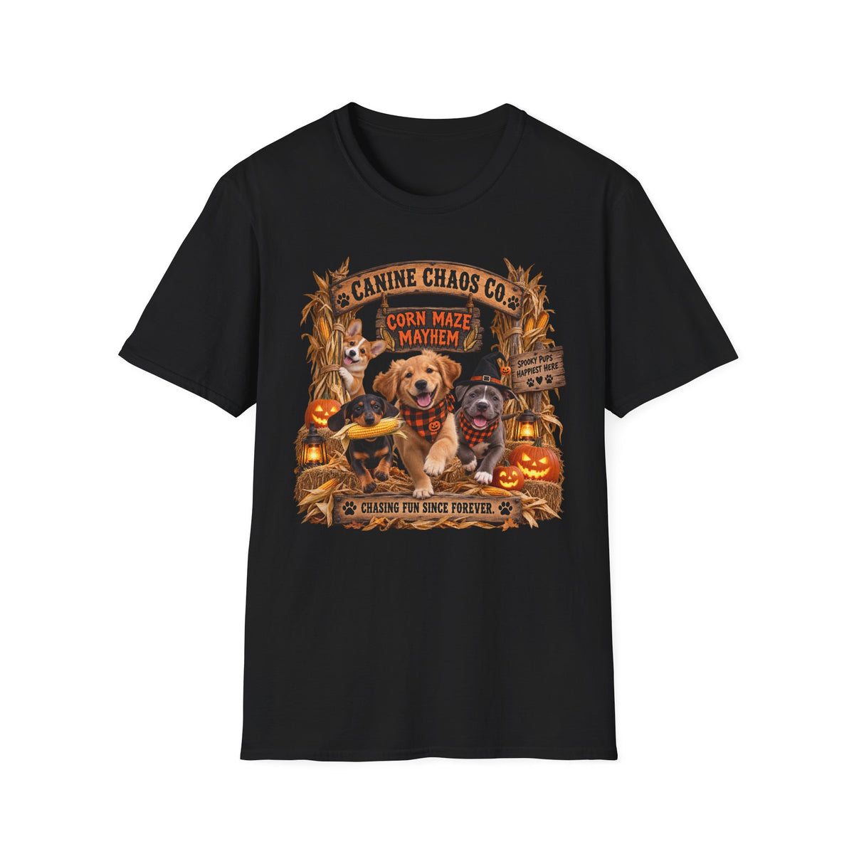 Halloween Dog T-Shirt — Canine Chaos Corn Maze Mayhem Graphic Tee
