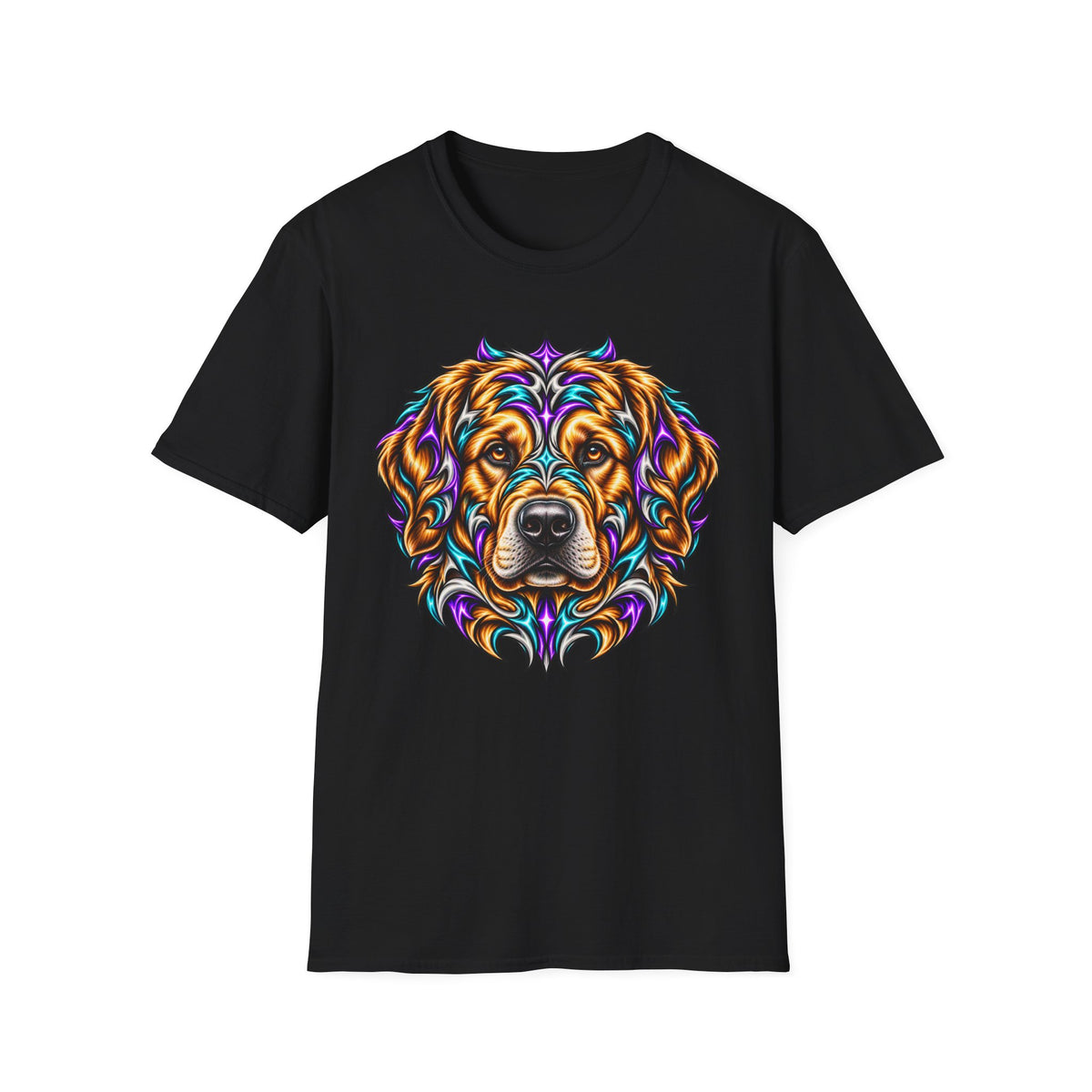 Golden Retriever Head T-Shirt — Colorful Psychedelic Dog Portrait Tee