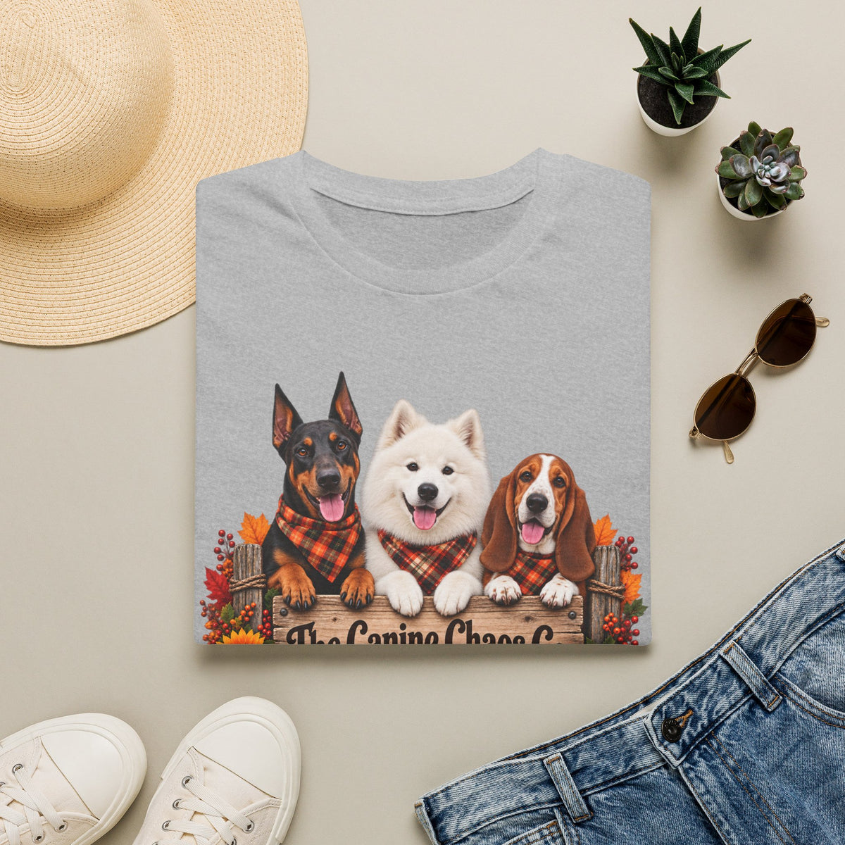 T-Shirt — Fall Dogs Trio "The Canine Chase Co." Plaid Pumpkin Tee