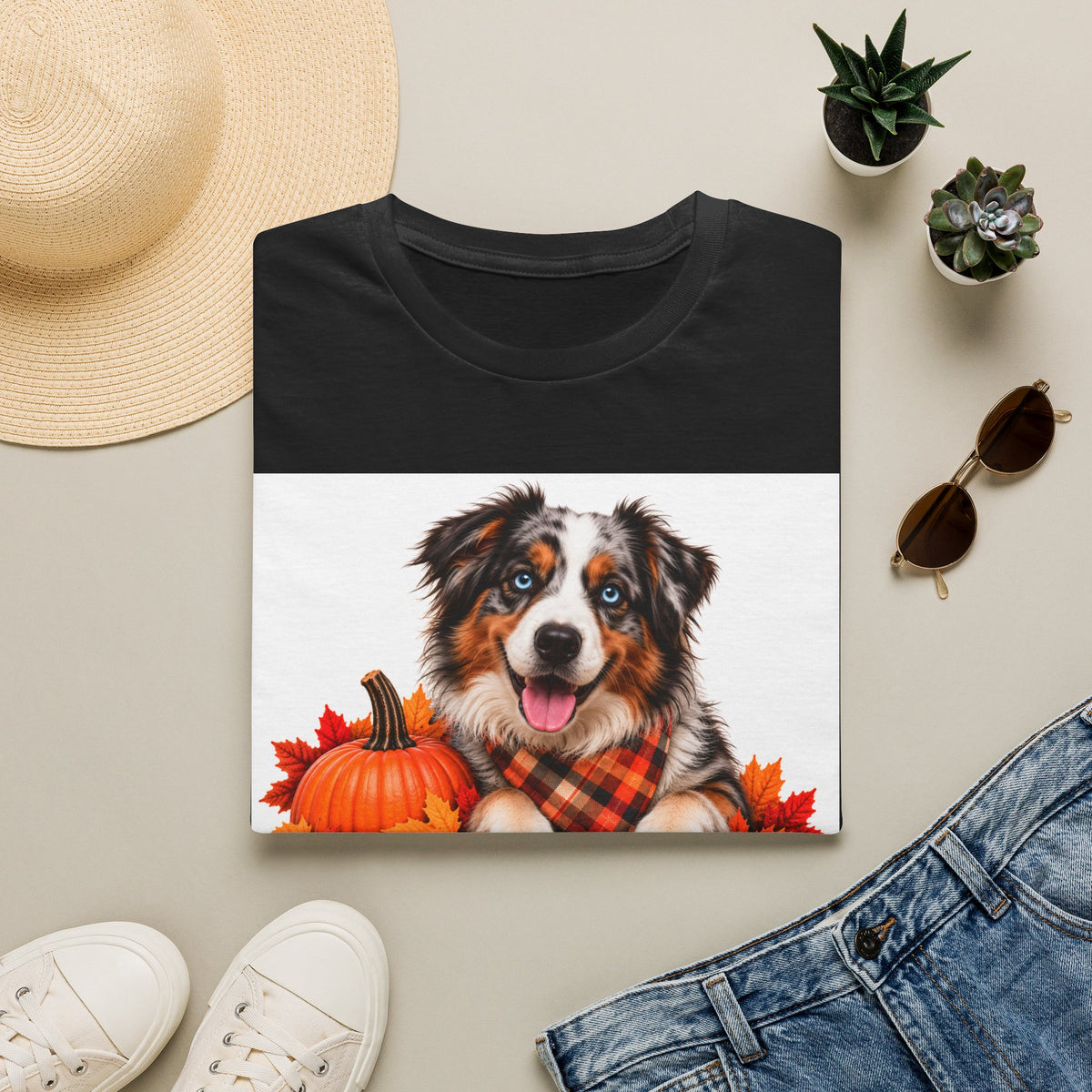 Autumn Aussie Dog T-Shirt — "Canine Chest Co." Fall Pumpkin Plaid Tee