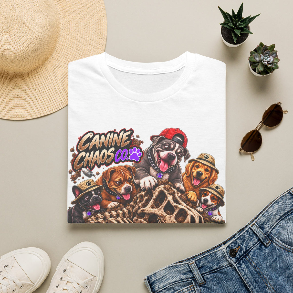 Canine Chaos Crew T-Shirt — Cute Dogs Digging Dinosaur Bones Graphic Tee