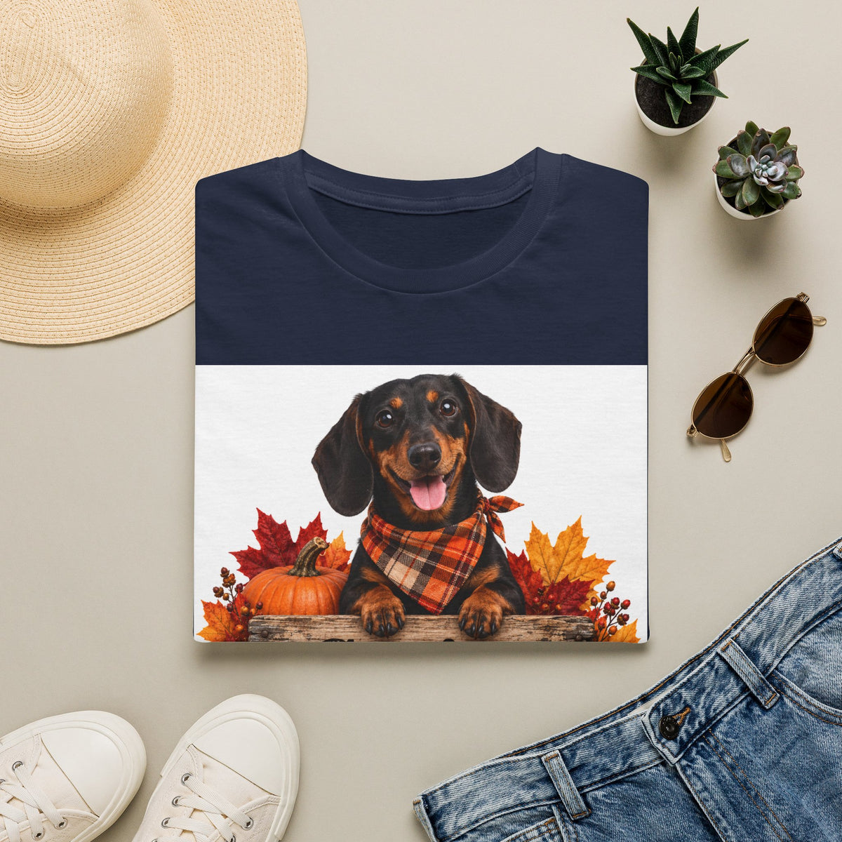 Dachshund Fall Tee — "Canine Chaos Co." Plaid Scarf Autumn Dog T-Shirt