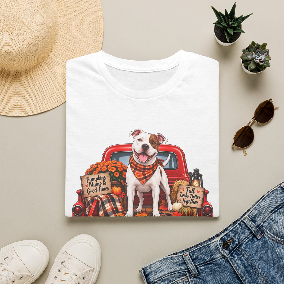 T-Shirt — Fall Dog on Vintage Truck Graphic (Pumpkins, Plaid, "Pumpkins, Family & Good Times")