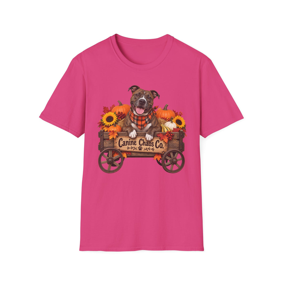 Fall Dog Wagon T-Shirt — "Canine Chaos Co." Pumpkin & Sunflower Autumn Tee
