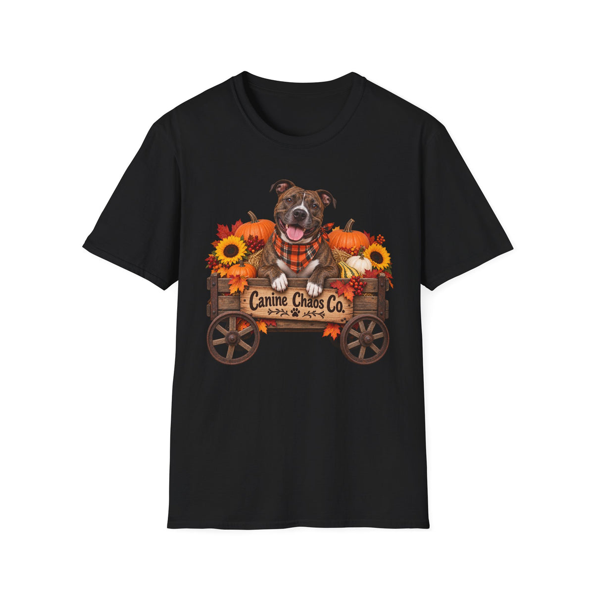 Fall Dog Wagon T-Shirt — "Canine Chaos Co." Pumpkin & Sunflower Autumn Tee