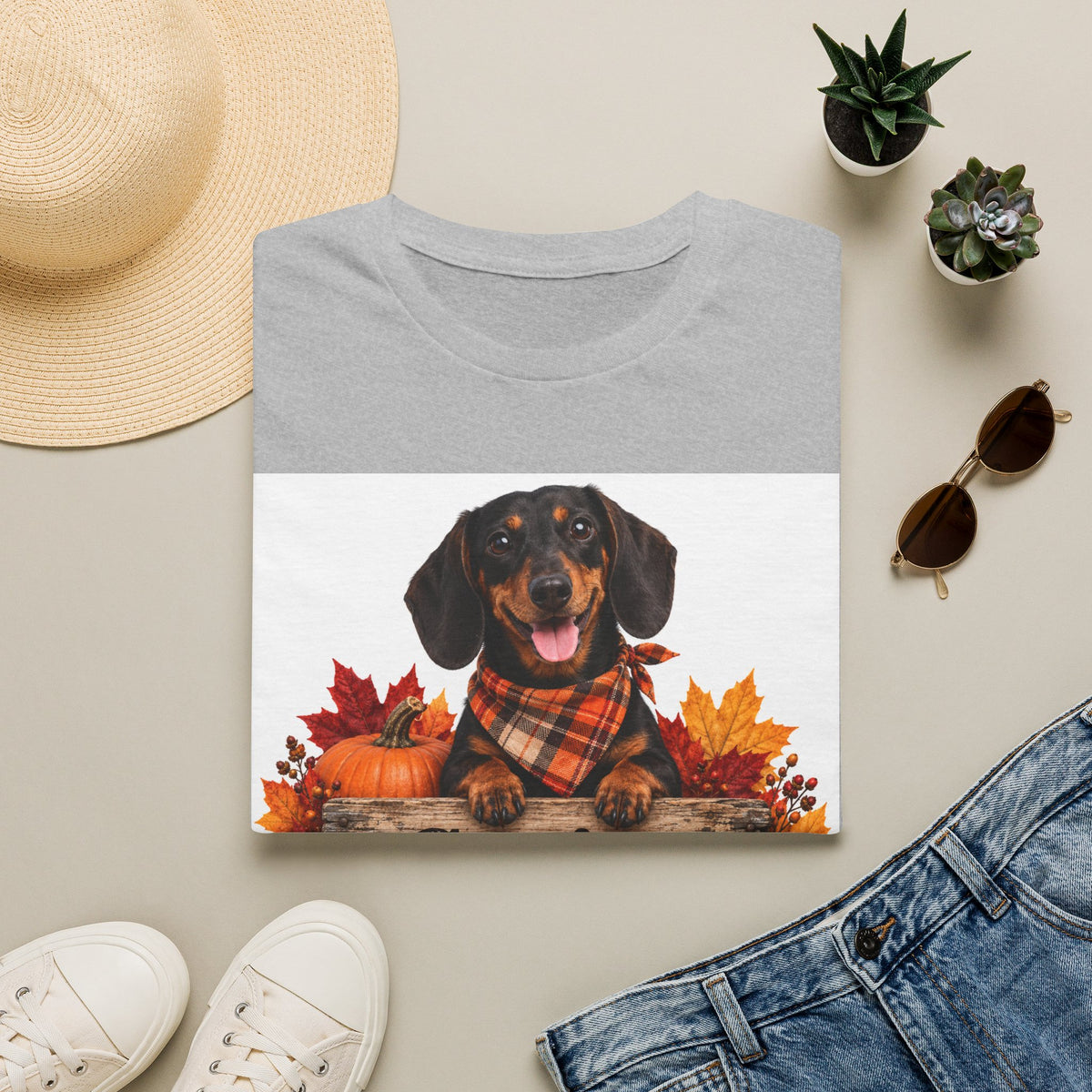 Dachshund Fall Tee — "Canine Chaos Co." Plaid Scarf Autumn Dog T-Shirt