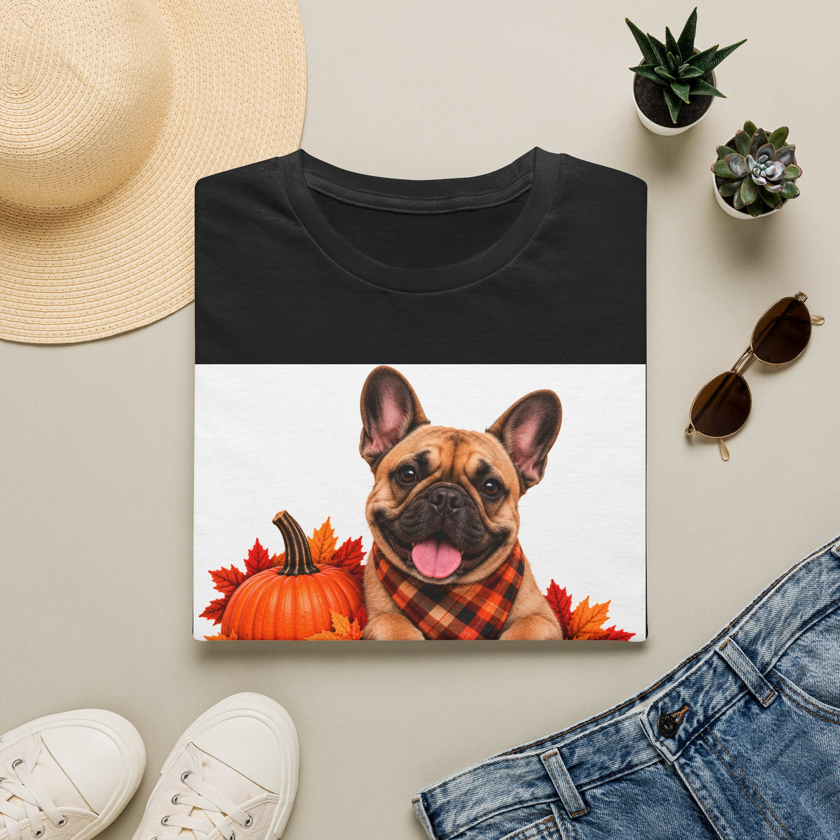 French Bulldog Fall T‑Shirt — 'Canine Choc Co.' Pumpkin & Plaid Dog Tee