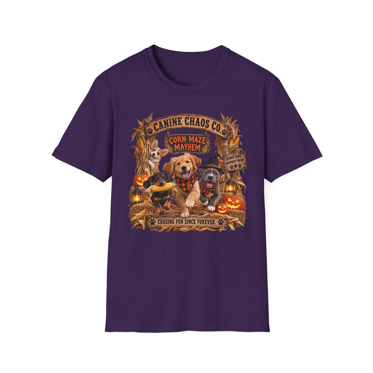 Halloween Dog T-Shirt — Canine Chaos Corn Maze Mayhem Graphic Tee